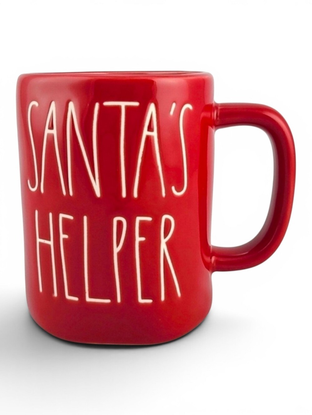 RAE DUNN Red Mug Large White Letters SANTA'S HELPER Christmas HolidayS
